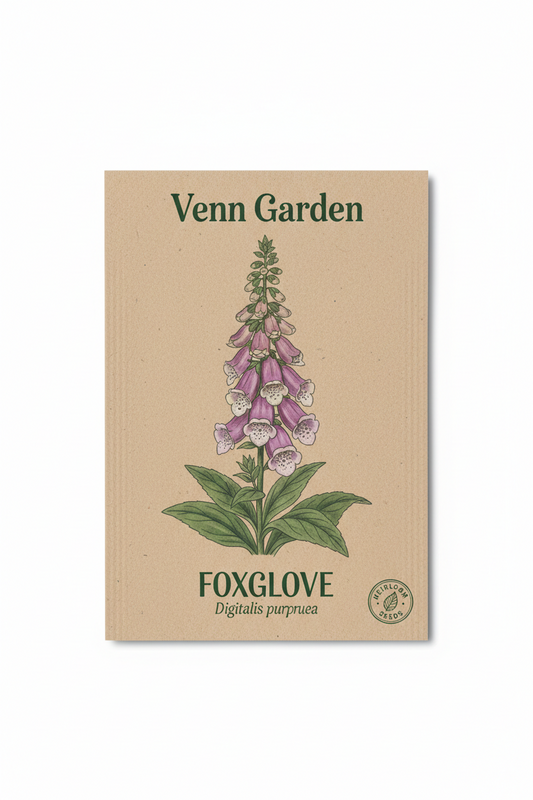 Card with foxglove illustration and 'Venn Garden' branding on a beige background | flat-seed