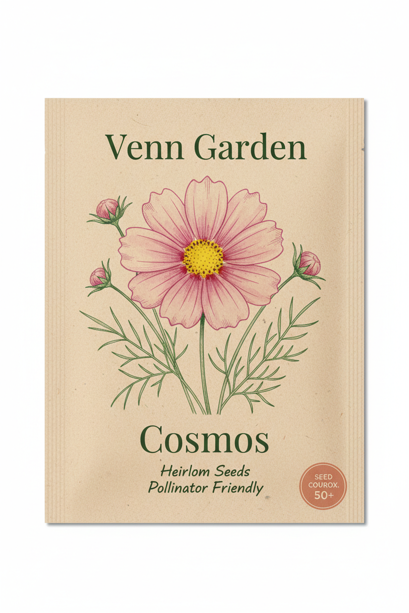 Venn Garden Cosmos seed packet with a pink flower illustration on a beige background | flat-seed