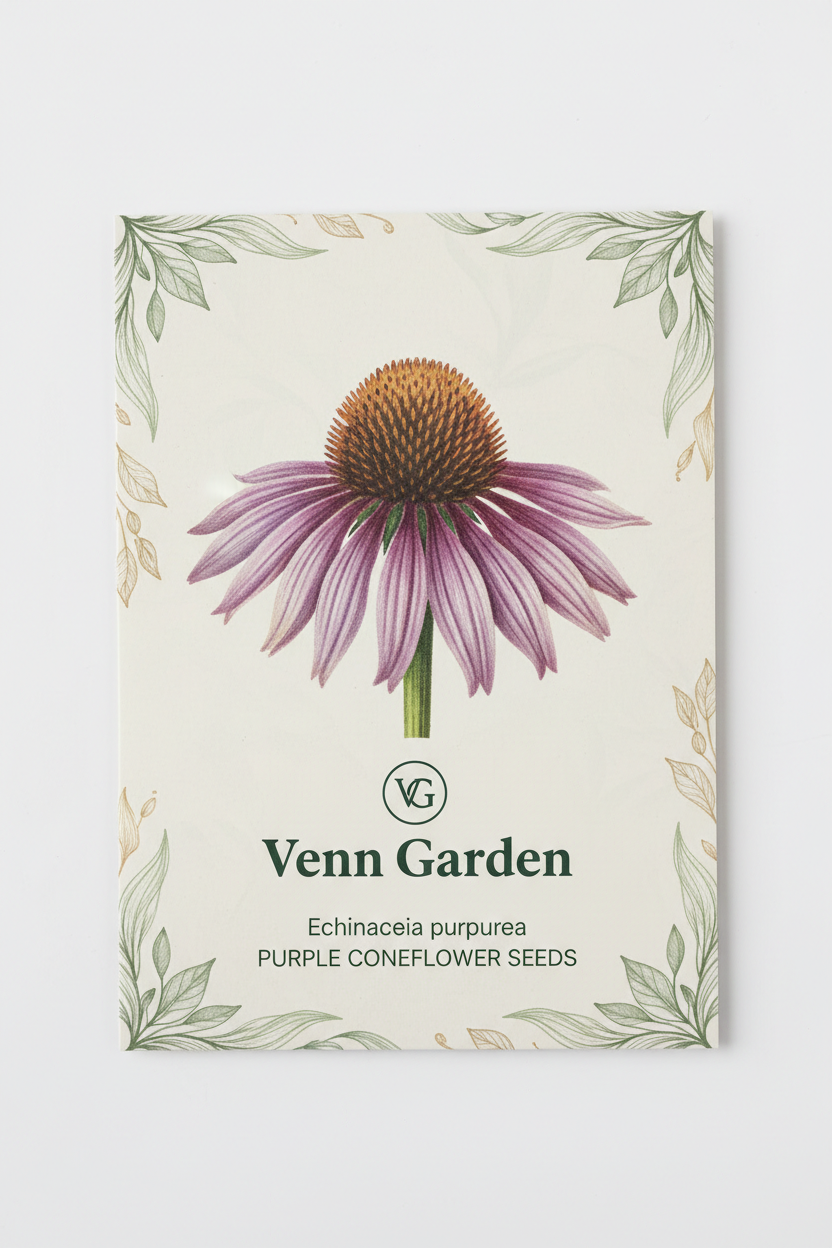 Venn Garden purple coneflower seeds packet on a white background | flat-seed