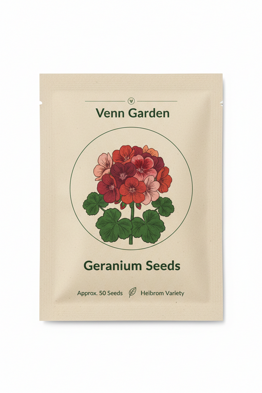 Venn Garden Geranium Seeds packaging on a white background | flat-seed