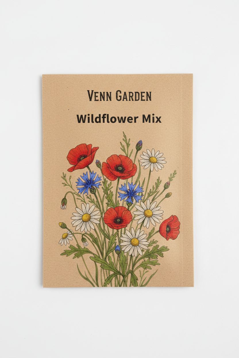 Kraft paper packaging for Venn Garden Wildflower Mix with illustrations of wildflowers on a white background. | flat-seed