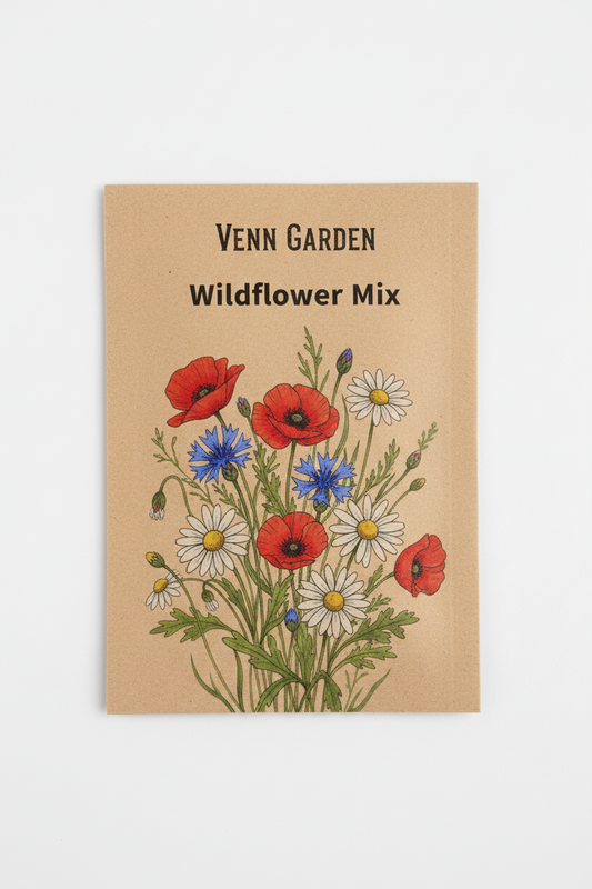 Kraft paper packaging for Venn Garden Wildflower Mix with illustrations of wildflowers on a white background. | flat-seed