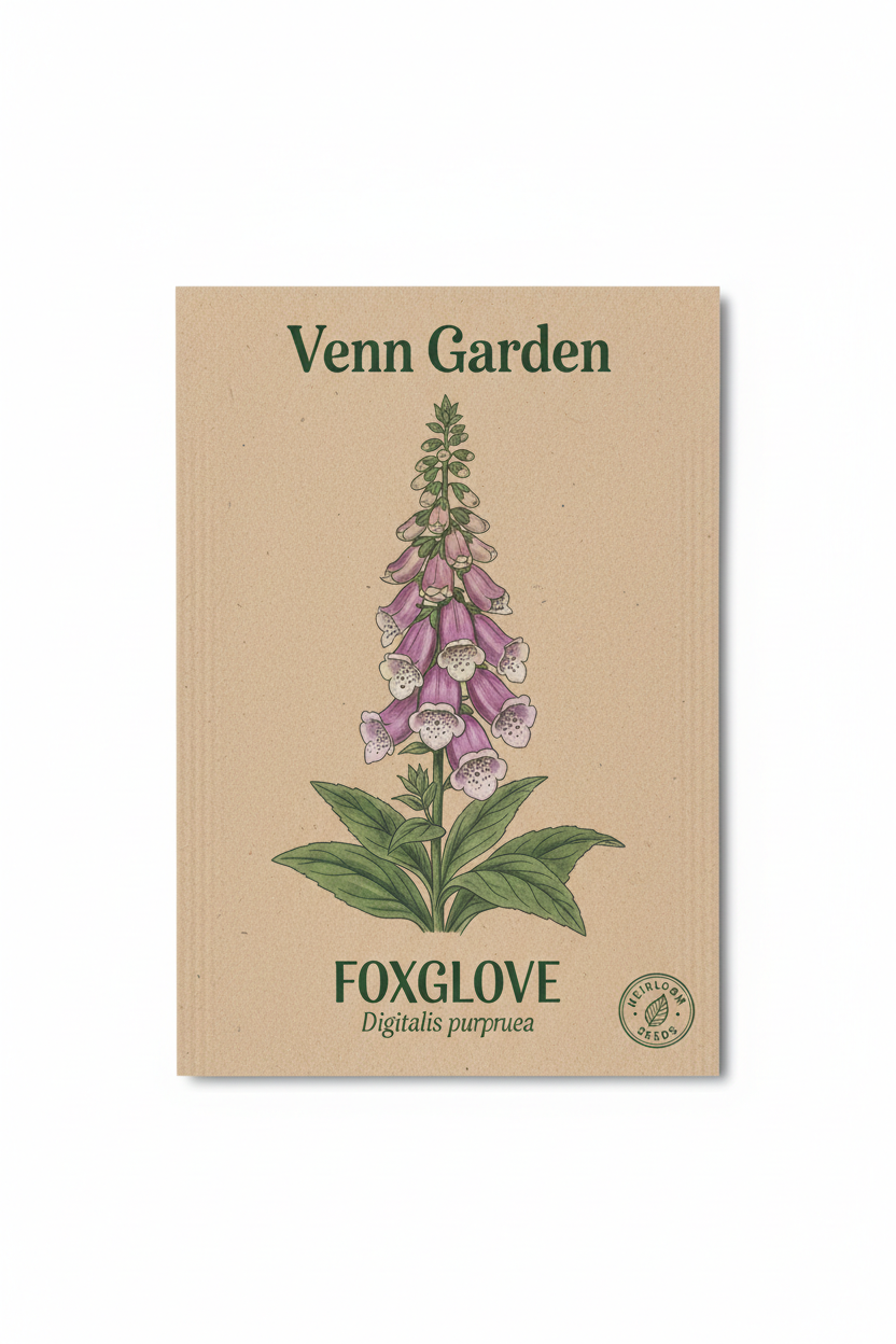 Card with foxglove illustration and 'Venn Garden' branding on a beige background | flat-seed