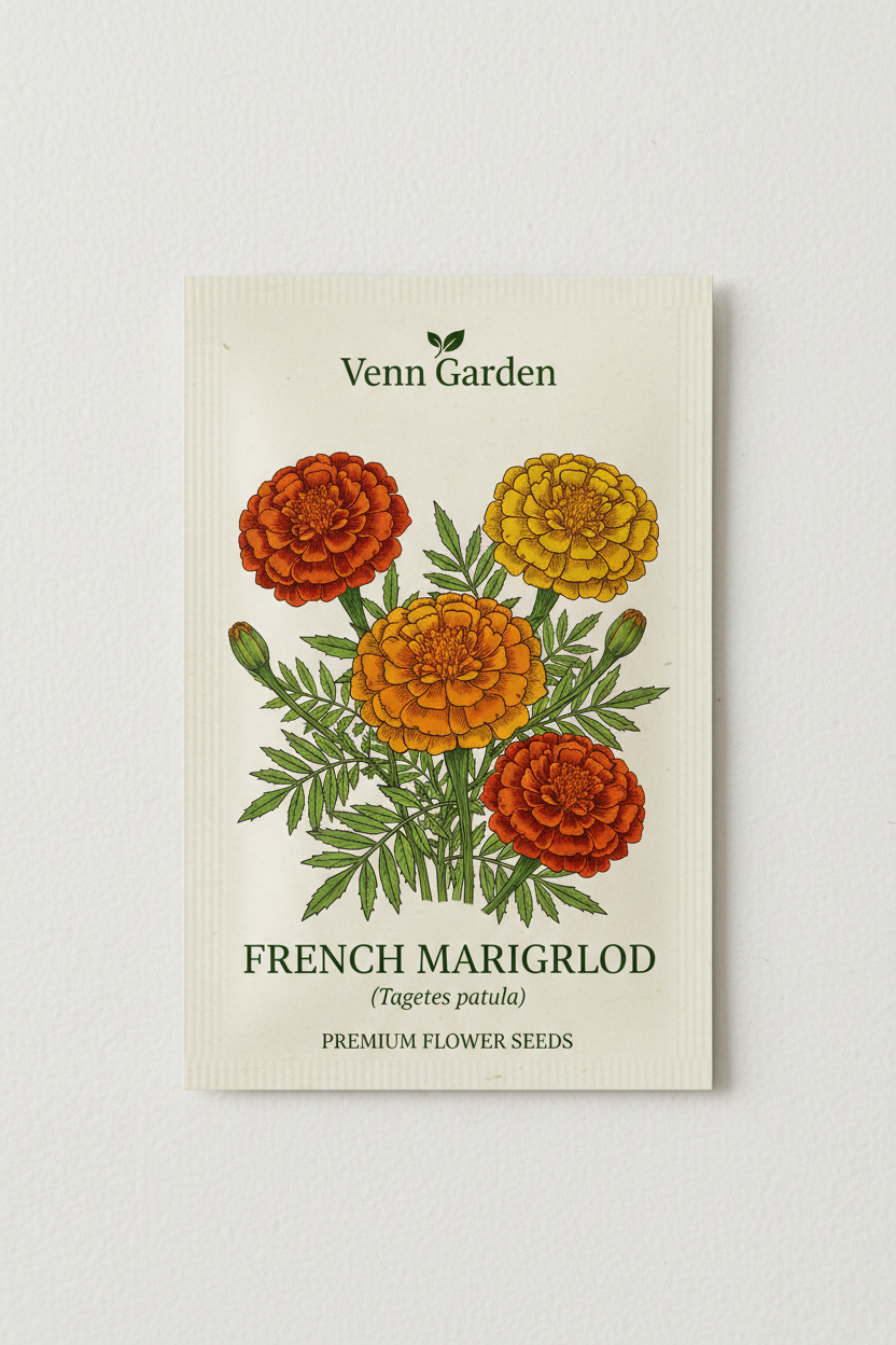 Venn Garden French Marigold seed packet on a light gray background | flat-seed